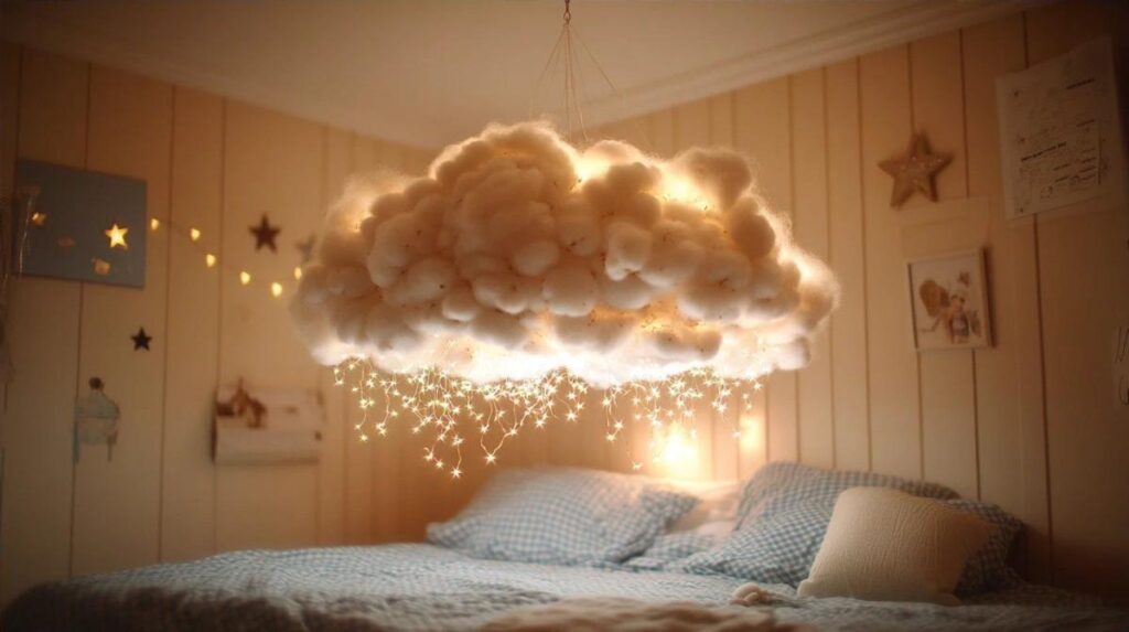 Ce projet montre comment réaliser un plafond nuage avec du coton et des guirlandes pour moins de 15€