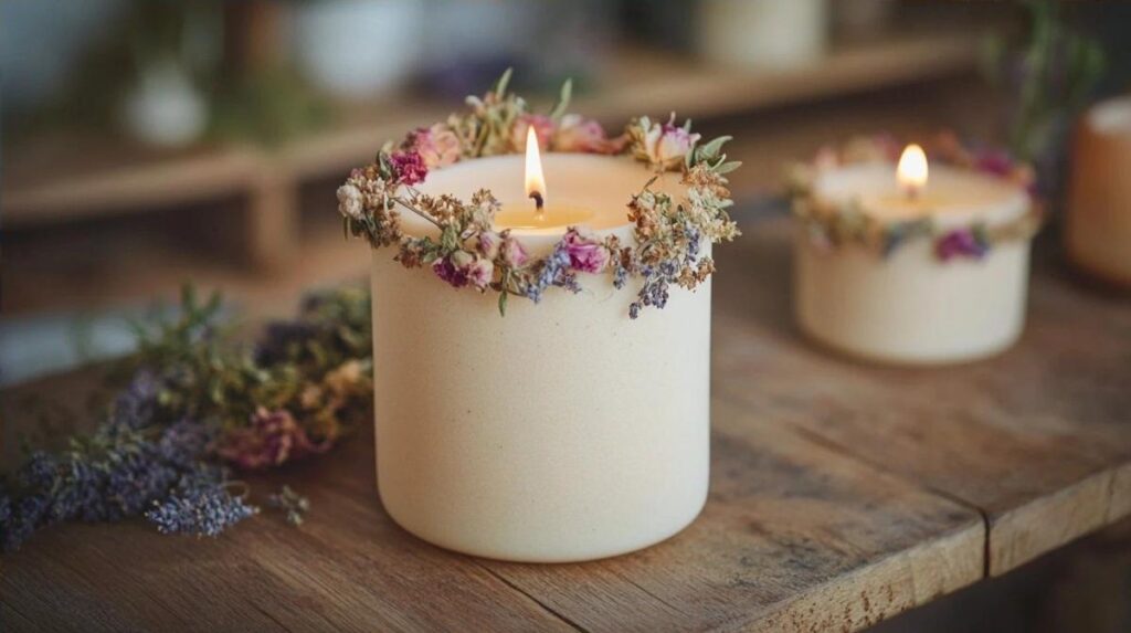 Des bougies personnalisées réalisées avec des fleurs séchées et des herbes