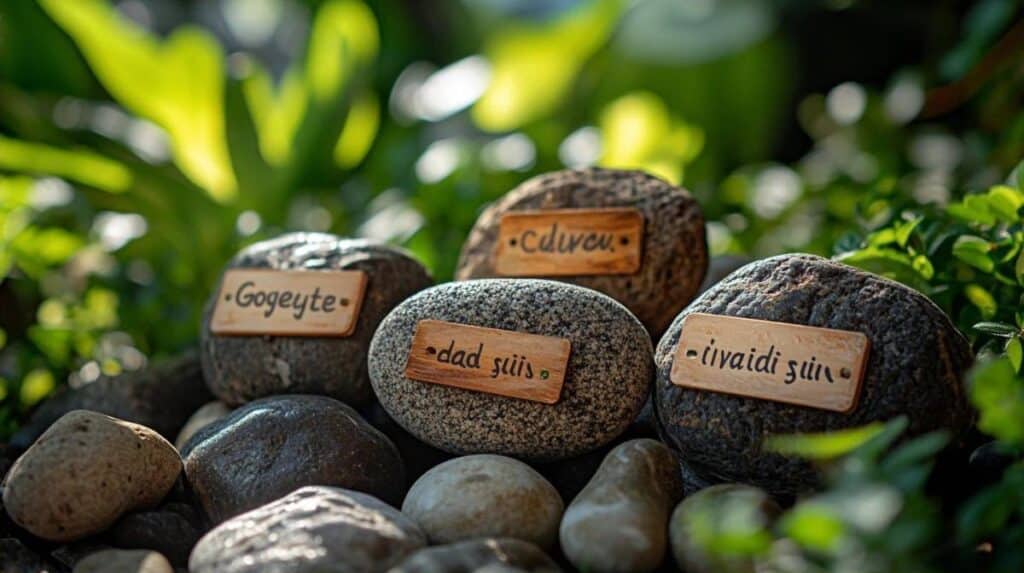 Des étiquettes de jardin résistantes aux intempéries faites avec des galets