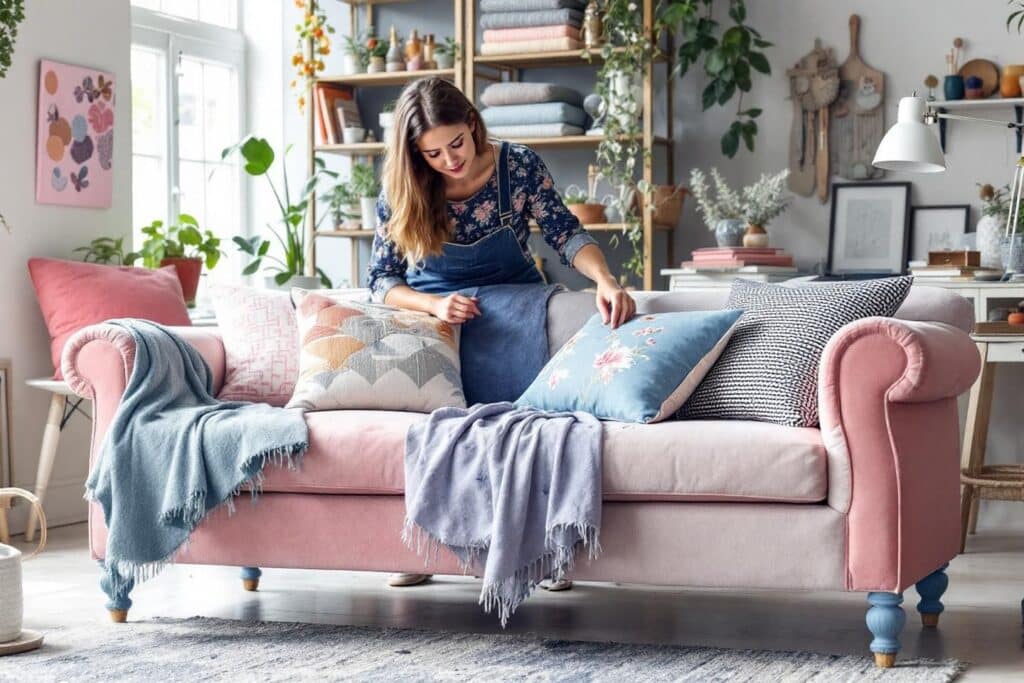 La technique des designers pour habiller un canapé fatigué