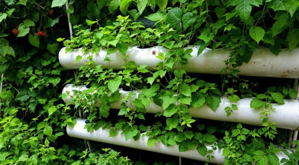 Le potager hydroponique fait avec des tuyaux PVC récupérés