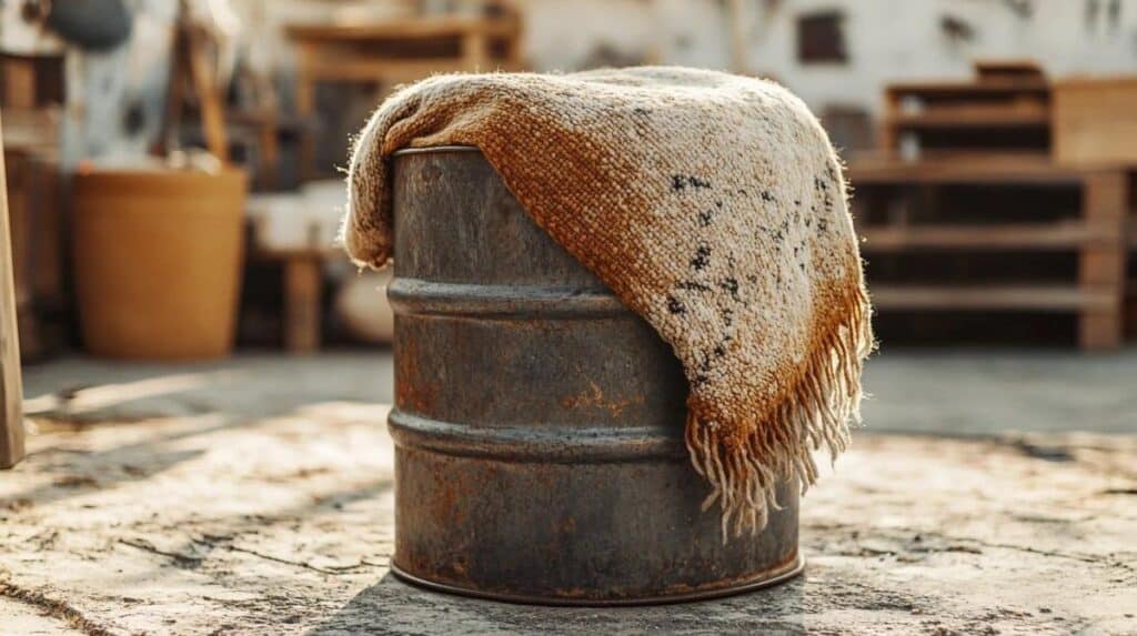 Réaliser des tabourets design avec des bidons métalliques usagés et une vieille couverture en laine